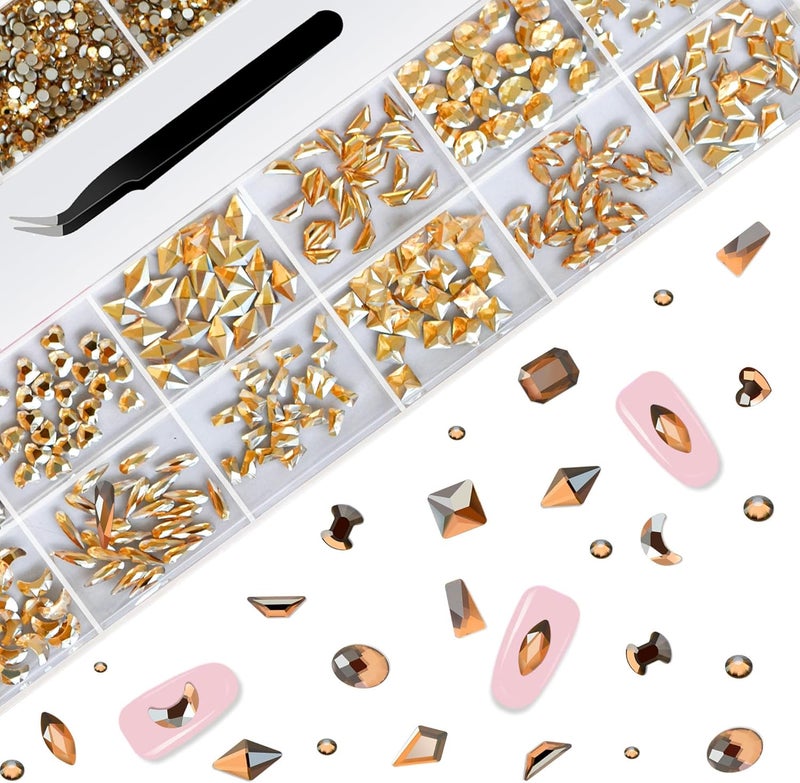 Molisaka Nail Rhinestones Set, Multi Shapes Champagne Gold Rhinestones for Nails, Mixed Size Nail Charms, Flatback Nail Jewels Rhinestones with Wax Pencil and Tweezers, Storage in Rinestones Set Box - Image 4