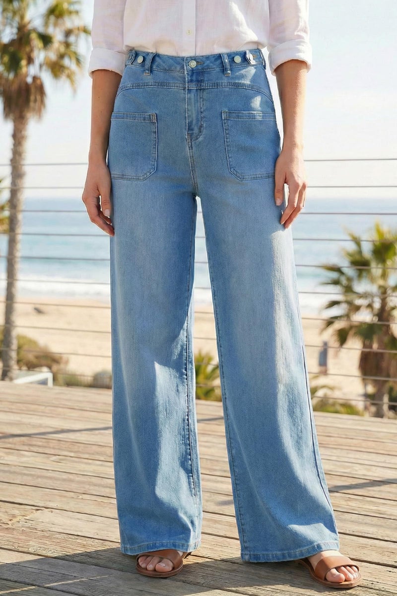 Arach&Cloz Womens Wide Leg Jeans 2026 All-Season Fashion Stretchy Petite Jeans High Waisted Trousers Adjustable Wasit with Button Casual Trendy Loose Denim Straight Pants Light Blue S - Image 3