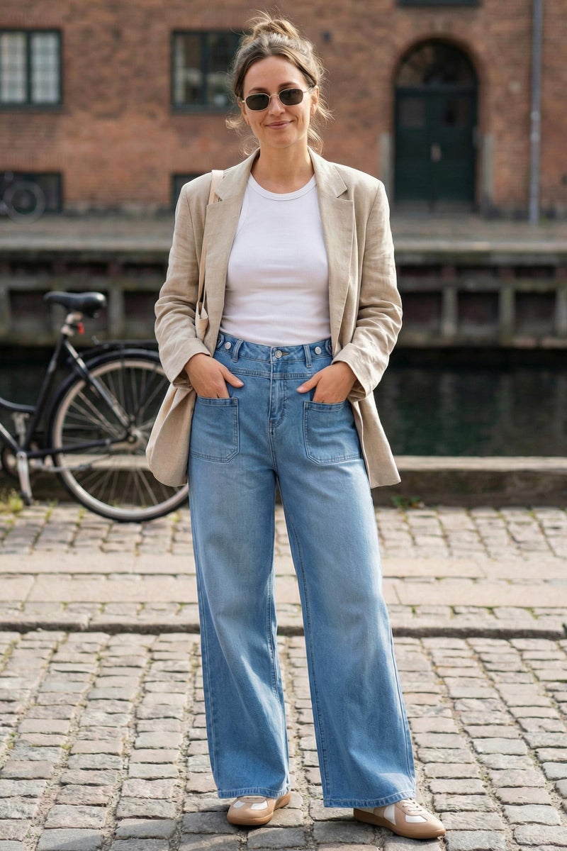 Arach&Cloz Womens Wide Leg Jeans 2026 All-Season Fashion Stretchy Petite Jeans High Waisted Trousers Adjustable Wasit with Button Casual Trendy Loose Denim Straight Pants Light Blue S - Image 4