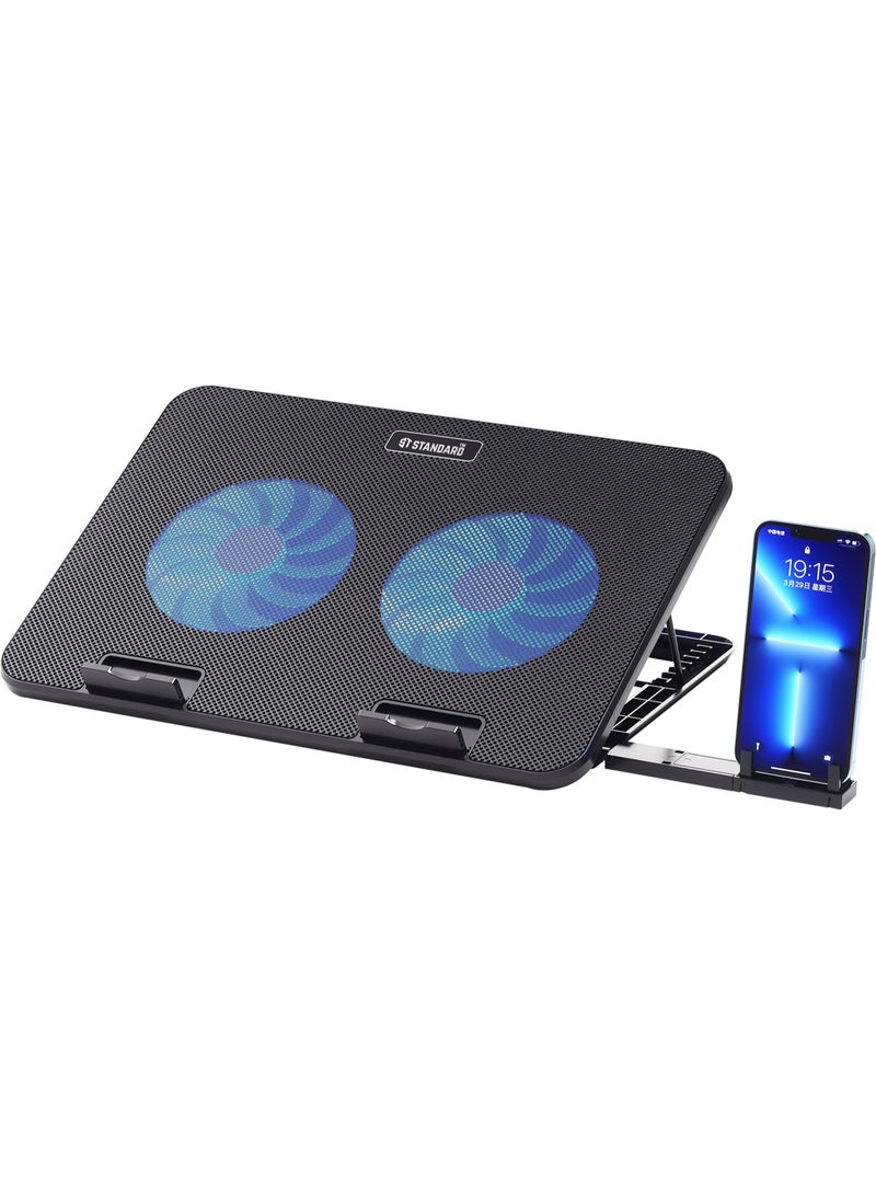Standard ICE-02 Laptop Cooling Pad with Dual Blue LED Fans, Adjustable Height, Phone Holder and Dual USB Ports - Image 1