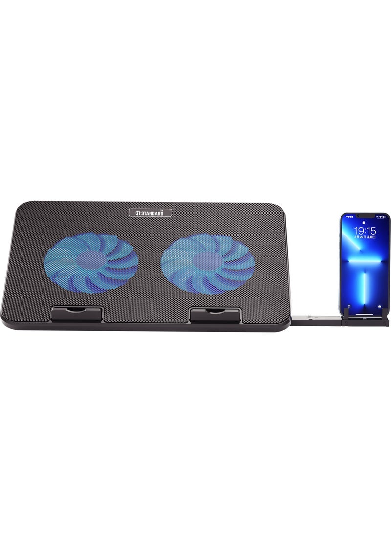 Standard ICE-02 Laptop Cooling Pad with Dual Blue LED Fans, Adjustable Height, Phone Holder and Dual USB Ports - Image 2