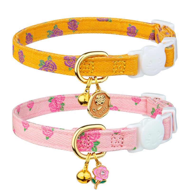 FYEQYAOU 2 Pack Cotton Breakaway Cat Collar Yellow and Pink Rose Pendant Cute Kitten Cat Collar with Bell - Image 1