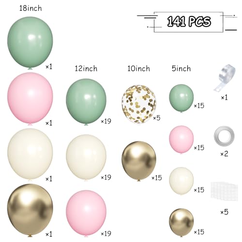 MEBAY Sage Green Pink Gold Balloon Arch Kit 141Pcs Sage Green Pastel Pink Chrome Gold Sand White Latex Balloons for Birthday Wedding Baby Shower Gender Reveal Anniversary - Image 5