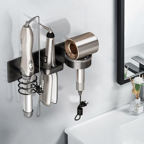 HOHOWU Hair Dryer Holder Wall Mounted,Blow Dryer, Curling Iron, Straightener Holder 3 in 1 Bathroom Metal Hair Tool Organizer Rack-BLACK-1 - Image 3