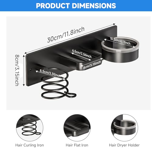 HOHOWU Hair Dryer Holder Wall Mounted,Blow Dryer, Curling Iron, Straightener Holder 3 in 1 Bathroom Metal Hair Tool Organizer Rack-BLACK-1 - Image 2