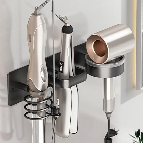HOHOWU Hair Dryer Holder Wall Mounted,Blow Dryer, Curling Iron, Straightener Holder 3 in 1 Bathroom Metal Hair Tool Organizer Rack-BLACK-1 - Image 1