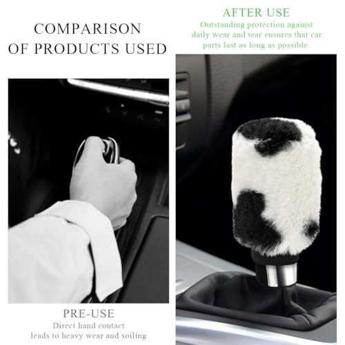 Gasedin Cow Print Car Accessories Set, Soft Fluffy Plush Cute Cow Steering Wheel Cover & Handbrake Cover, Warm Furry Cow Print Armrest Mat & Shift Gear Cover, Car Accessories (Gear Cover) - Image 3