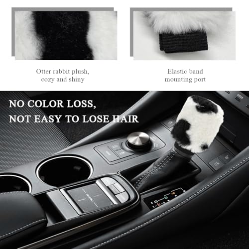 Gasedin Cow Print Car Accessories Set, Soft Fluffy Plush Cute Cow Steering Wheel Cover & Handbrake Cover, Warm Furry Cow Print Armrest Mat & Shift Gear Cover, Car Accessories (Gear Cover) - Image 4