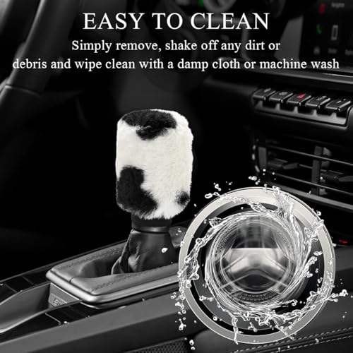 Gasedin Cow Print Car Accessories Set, Soft Fluffy Plush Cute Cow Steering Wheel Cover & Handbrake Cover, Warm Furry Cow Print Armrest Mat & Shift Gear Cover, Car Accessories (Gear Cover) - Image 5