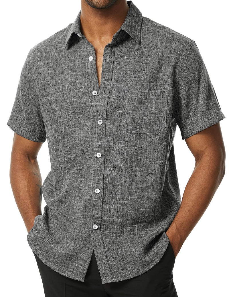 PARKLEES Mens Wrinkle Free Short Sleeve Button Down Shirts Texture Linen Shirts Casual Vacation Beach Summer Tops Black Smoke Grey Large - Image 1