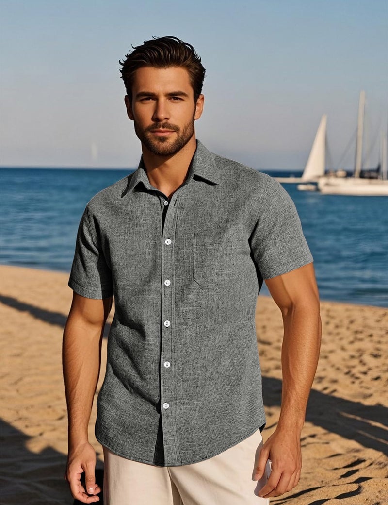 PARKLEES Mens Wrinkle Free Short Sleeve Button Down Shirts Texture Linen Shirts Casual Vacation Beach Summer Tops Black Smoke Grey Large - Image 2