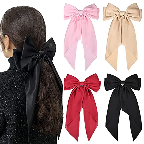 WHISKET - Hair Bow Clip, Big Satin Layered Hair Accessories for Women Girls,Barrette Hair Clip, Long Black Ribbon Bows, French Style (PURPLE) - Image 3