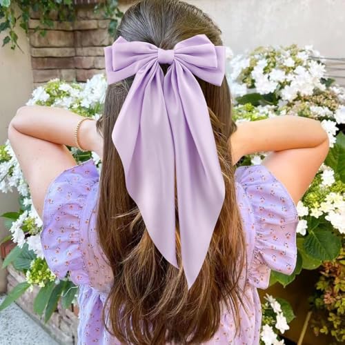 WHISKET - Hair Bow Clip, Big Satin Layered Hair Accessories for Women Girls,Barrette Hair Clip, Long Black Ribbon Bows, French Style (PURPLE) - Image 1