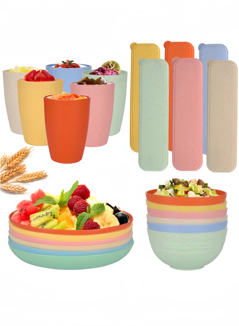 nihao طقم عشاء مكون من 42 قطعة، أطباق 6 بوصات من قش القمح، أطباق دائرية 9 بوصات، طبق مربع 5.5 بوصات، أكواب 3.15 بوصات، أدوات مائدة، طقم أدوات مائدة، خدمة لـ 8 أشخاص، أطباق عشاء، طبق حلوى، أطباق حبوب، أكواب، أطباق بلاستيكية ملونة غير قابلة للكسر للتخييم في الهواء الطلق، متعددة الألوان الساحلية - Image 2