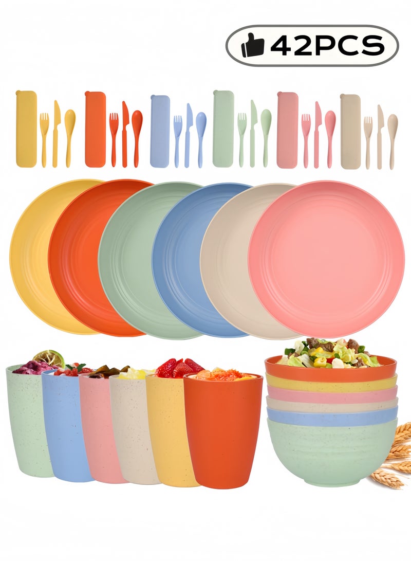 nihao طقم عشاء مكون من 42 قطعة، أطباق 6 بوصات من قش القمح، أطباق دائرية 9 بوصات، طبق مربع 5.5 بوصات، أكواب 3.15 بوصات، أدوات مائدة، طقم أدوات مائدة، خدمة لـ 8 أشخاص، أطباق عشاء، طبق حلوى، أطباق حبوب، أكواب، أطباق بلاستيكية ملونة غير قابلة للكسر للتخييم في الهواء الطلق، متعددة الألوان الساحلية - Image 1