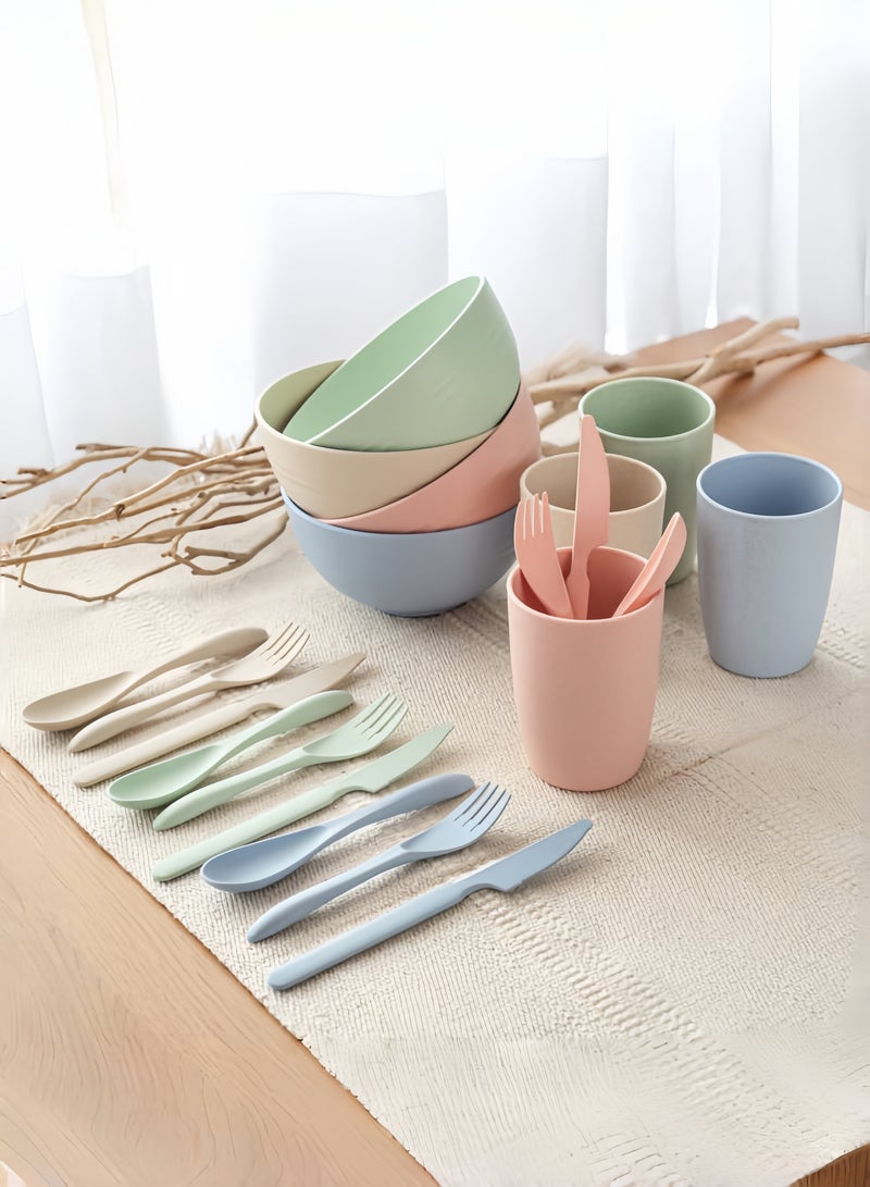 nihao طقم عشاء مكون من 42 قطعة، أطباق 6 بوصات من قش القمح، أطباق دائرية 9 بوصات، طبق مربع 5.5 بوصات، أكواب 3.15 بوصات، أدوات مائدة، طقم أدوات مائدة، خدمة لـ 8 أشخاص، أطباق عشاء، طبق حلوى، أطباق حبوب، أكواب، أطباق بلاستيكية ملونة غير قابلة للكسر للتخييم في الهواء الطلق، متعددة الألوان الساحلية - Image 5