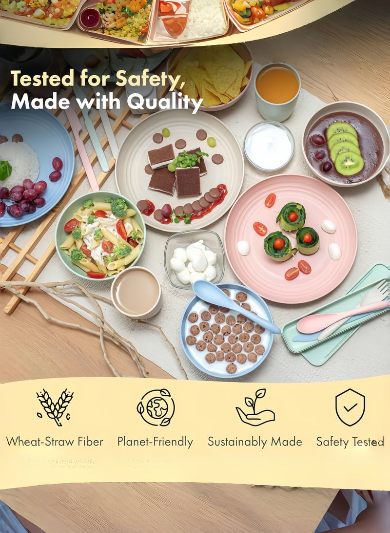 nihao طقم عشاء مكون من 42 قطعة، أطباق 6 بوصات من قش القمح، أطباق دائرية 9 بوصات، طبق مربع 5.5 بوصات، أكواب 3.15 بوصات، أدوات مائدة، طقم أدوات مائدة، خدمة لـ 8 أشخاص، أطباق عشاء، طبق حلوى، أطباق حبوب، أكواب، أطباق بلاستيكية ملونة غير قابلة للكسر للتخييم في الهواء الطلق، متعددة الألوان الساحلية - Image 4