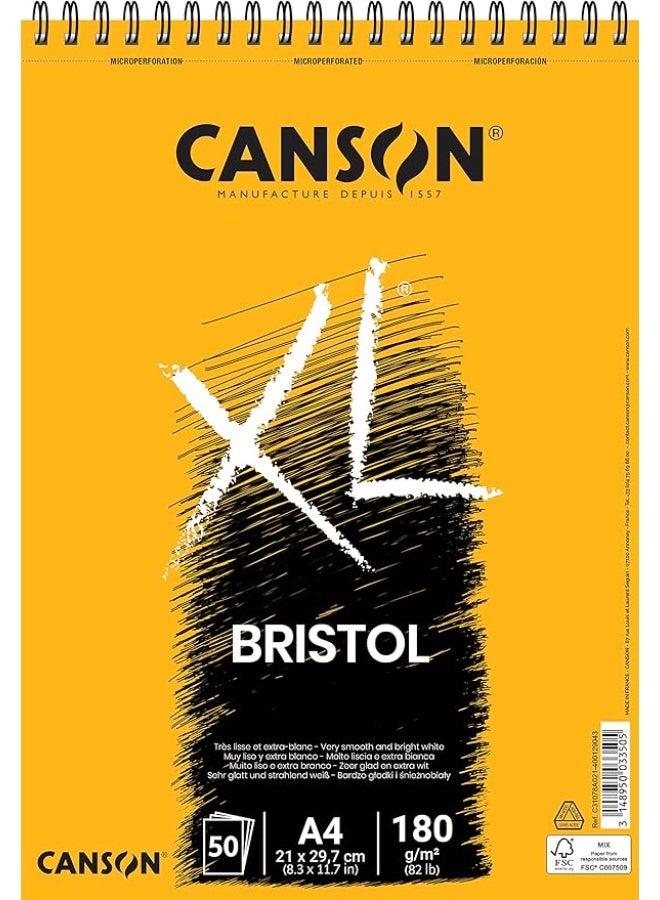 CANSON XL Bristol 180gsm A4 Paper Very Smooth Spiral Pad Short Side 50 Extra White Sheets Ideal for Professional Artists & Illustrators - Image 1