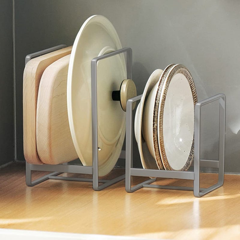 MINGFANITY 2PCS Plate Holders Organizer Metal Dish Storage Dying Display Rack for Cabinet Counter and Cupboard Grey Small and Large