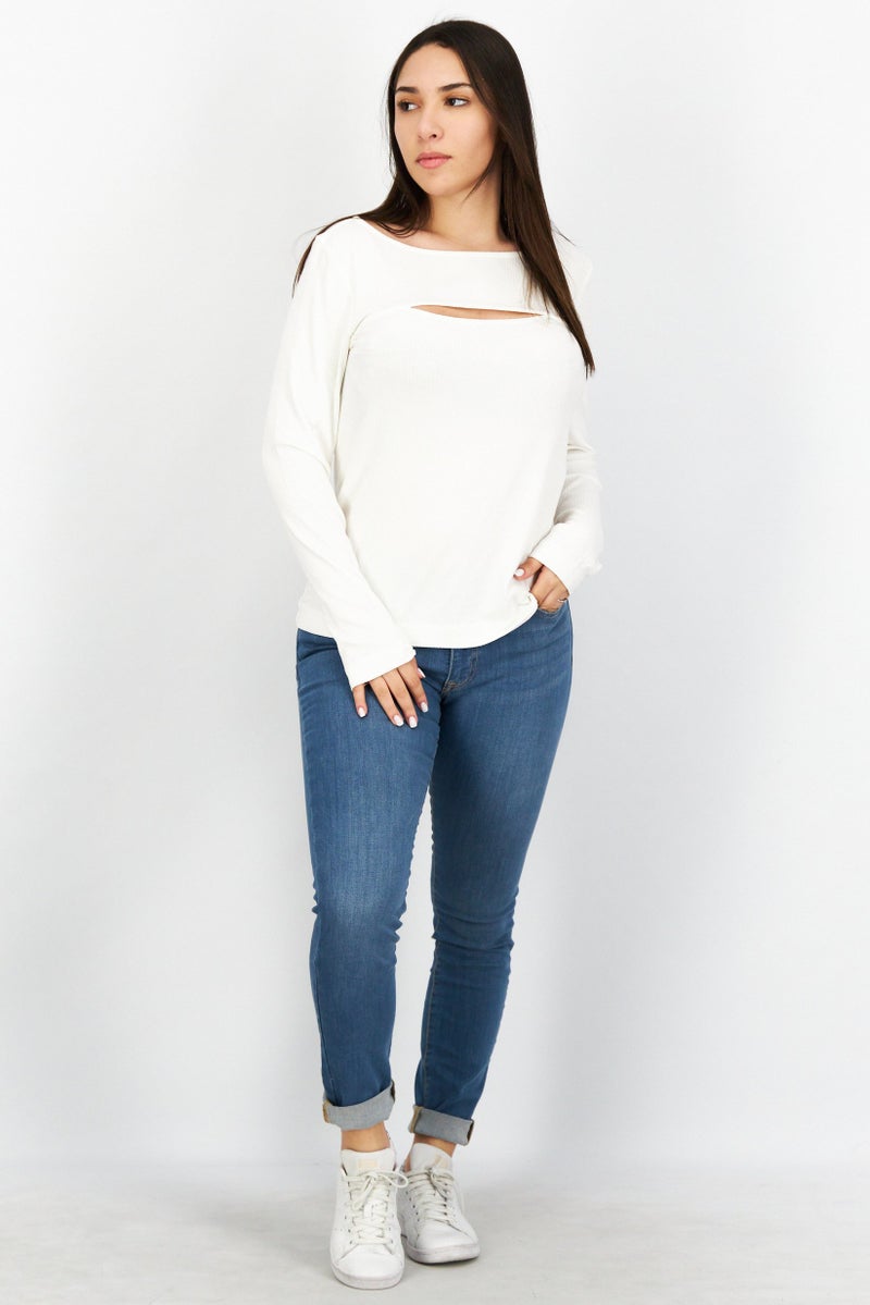 ESPRIT تي شيرت نسائي بأكمام طويلة وياقة قارب، أبيض - Image 2