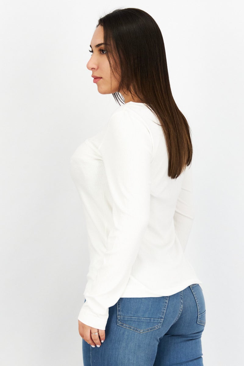 ESPRIT تي شيرت نسائي بأكمام طويلة وياقة قارب، أبيض - Image 4