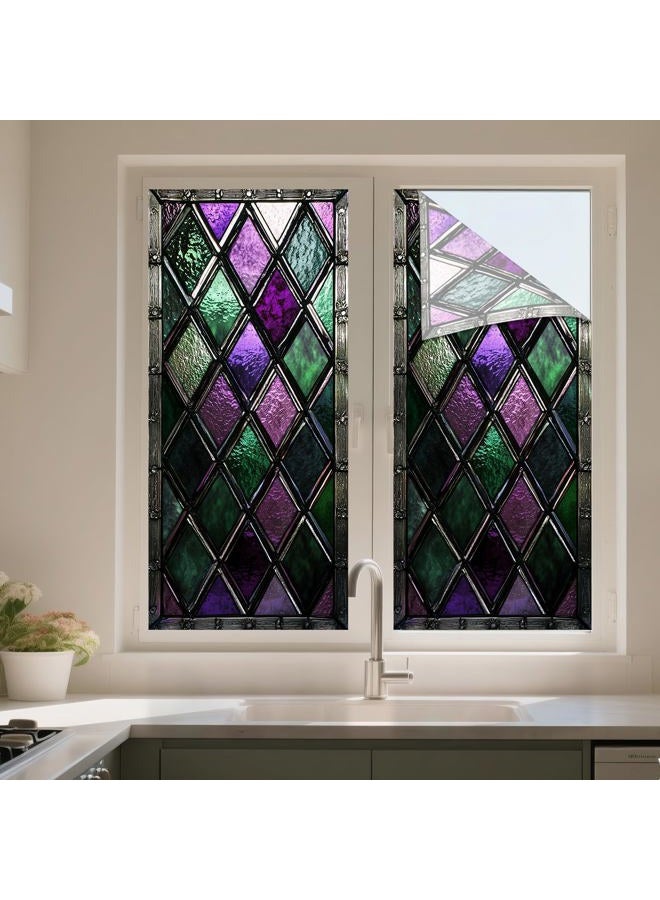 IVN Privacy Window Film Stained Glass Window Cling Purple Green Diamond Pattern Decorative Static Cling Window Sticker for Bathroom Kitchen Entry Door 17.7 x 39.3 Inch - Image 5