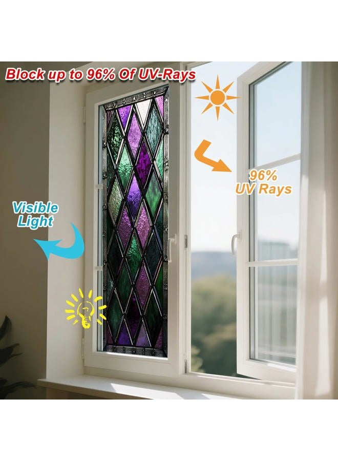 IVN Privacy Window Film Stained Glass Window Cling Purple Green Diamond Pattern Decorative Static Cling Window Sticker for Bathroom Kitchen Entry Door 17.7 x 39.3 Inch - Image 4
