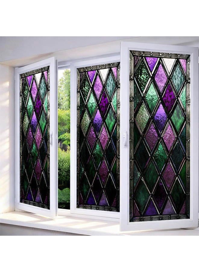 IVN Privacy Window Film Stained Glass Window Cling Purple Green Diamond Pattern Decorative Static Cling Window Sticker for Bathroom Kitchen Entry Door 17.7 x 39.3 Inch - Image 1