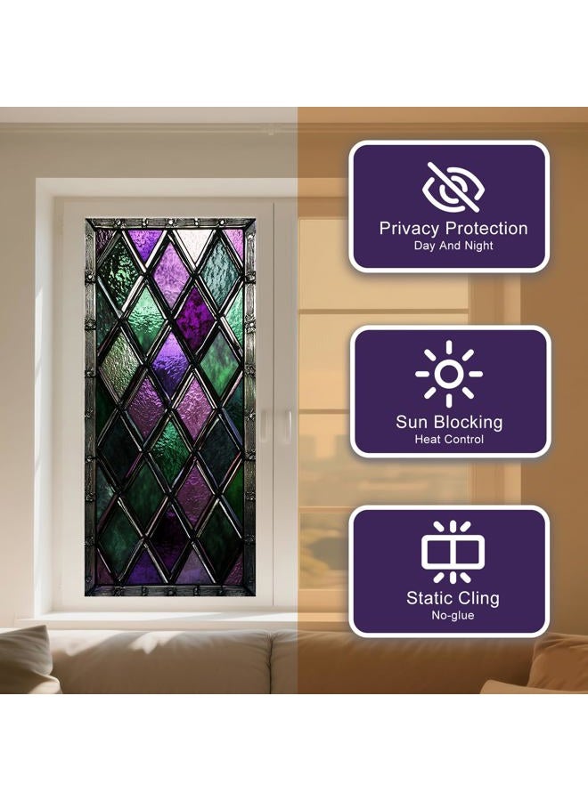 IVN Privacy Window Film Stained Glass Window Cling Purple Green Diamond Pattern Decorative Static Cling Window Sticker for Bathroom Kitchen Entry Door 17.7 x 39.3 Inch - Image 2