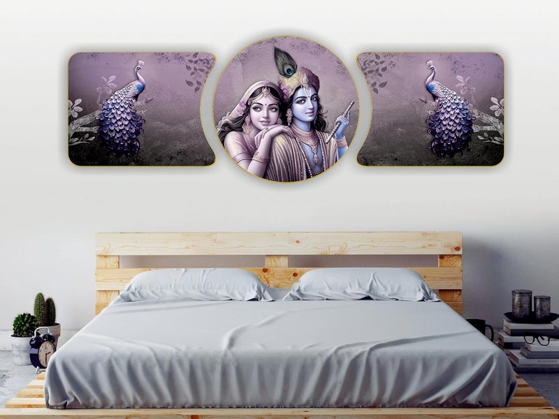 Masstone Radha Krishna Peacock Crystal Embedded High Gloss Mirror Finished Surface Golden Slim Frame with Hook 45x16 Inch Large Size Pack of 3 Panel Painting For HomeOfficeHotel