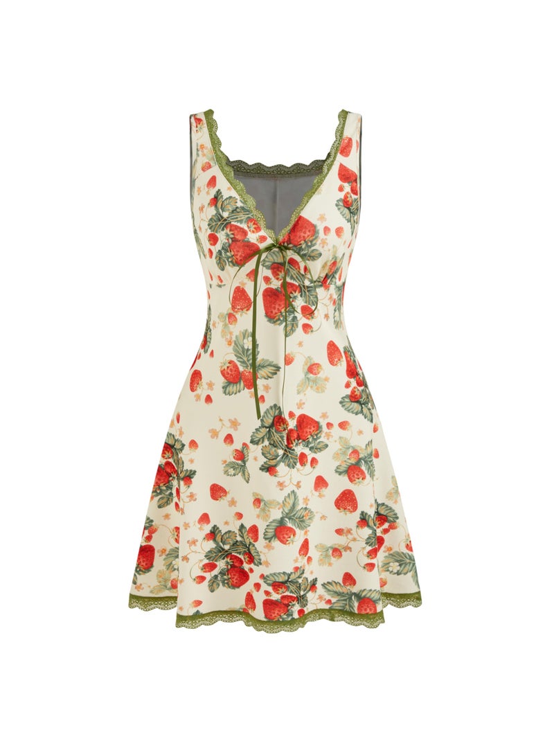CIDER Summer Mini Dresses for Women Fruit Pattern Sweetheart Neck Sleeveless Sundress Knotted Tie A Line Sun Dresses Multicolor - Image 1