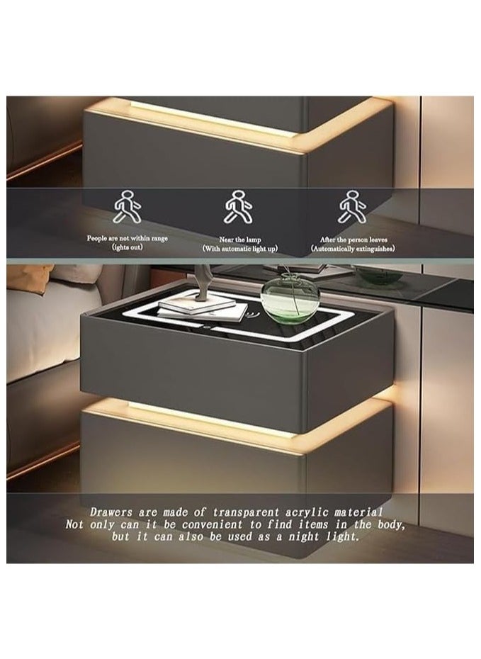 Modern Bedside Nightstand Table with LED Mirror, Sensor Light, Wireless Charging and BT Speaker