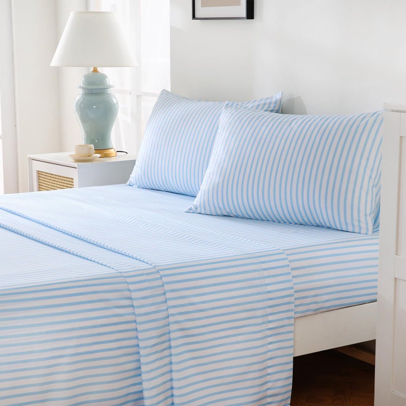 M&Co MCO 4Pieces Striped Sheets Set, Breathable Queen Sheet Set with 16" Deep Pocket,Modern & Luxury, Brushed Microfiber Bedding Set(Queen, Blue Simple) - Image 3