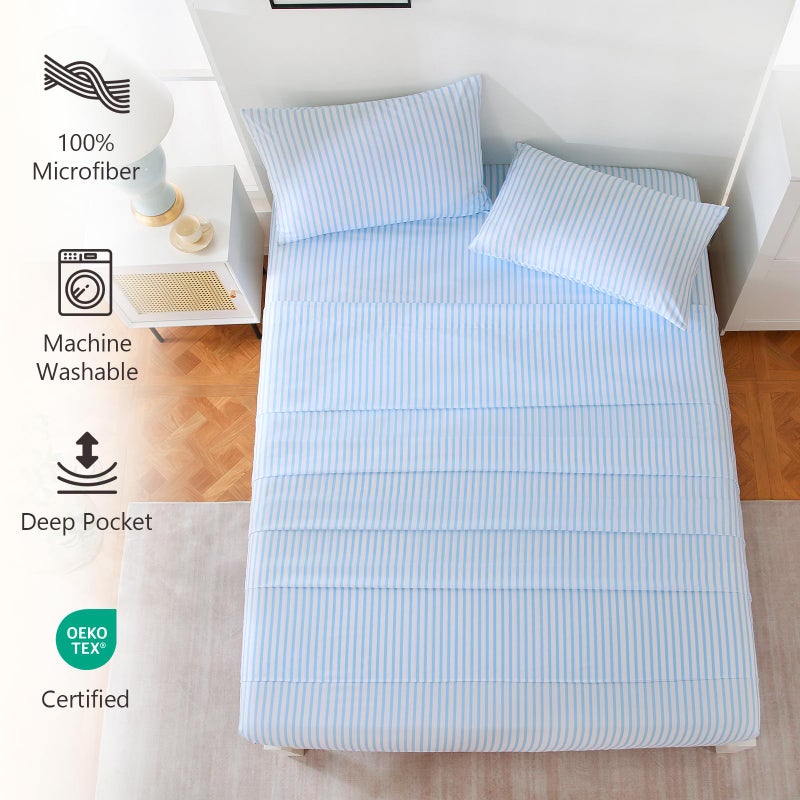 M&Co MCO 4Pieces Striped Sheets Set, Breathable Queen Sheet Set with 16" Deep Pocket,Modern & Luxury, Brushed Microfiber Bedding Set(Queen, Blue Simple) - Image 4