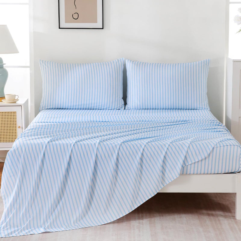 M&Co MCO 4Pieces Striped Sheets Set, Breathable Queen Sheet Set with 16" Deep Pocket,Modern & Luxury, Brushed Microfiber Bedding Set(Queen, Blue Simple) - Image 2