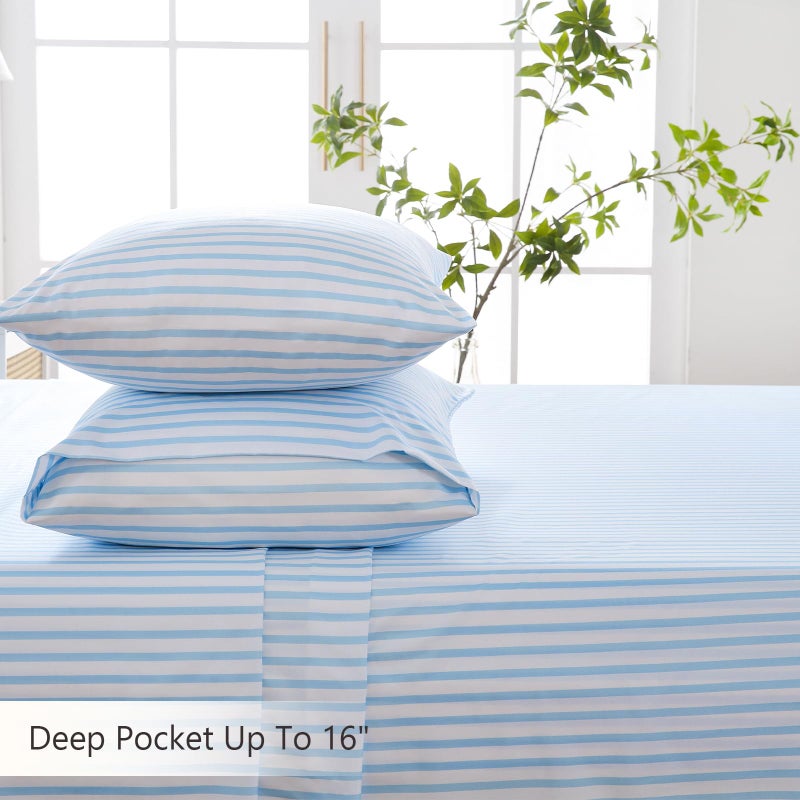 M&Co MCO 4Pieces Striped Sheets Set, Breathable Queen Sheet Set with 16" Deep Pocket,Modern & Luxury, Brushed Microfiber Bedding Set(Queen, Blue Simple) - Image 5