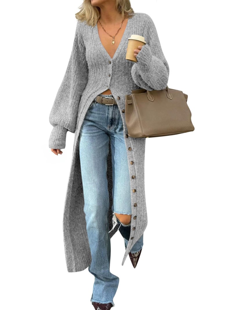 Saodimallsu Womens Long Cardigans V Neck Button Down Chunky Knit Dusters Sweater Coat Fall Trendy Maxi Sweater Dress Light Gray - Image 1