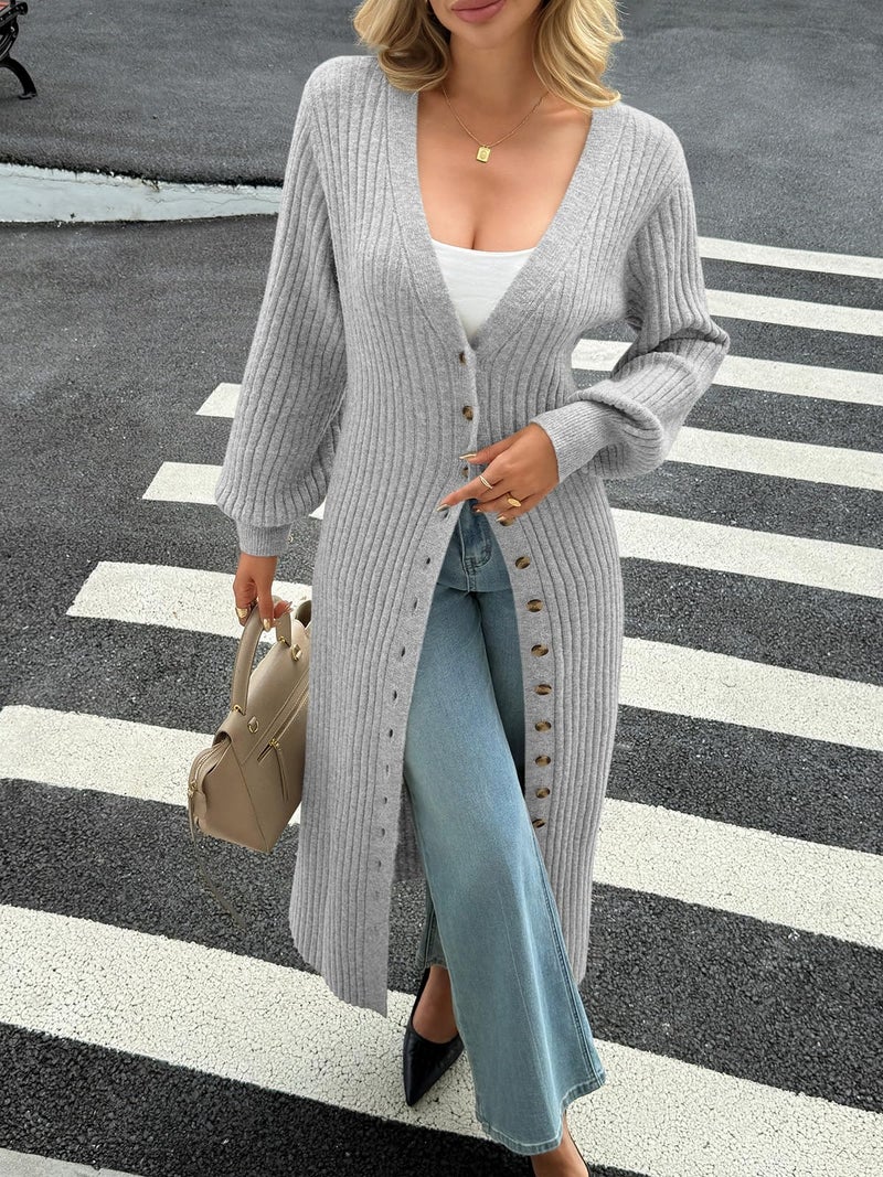 Saodimallsu Womens Long Cardigans V Neck Button Down Chunky Knit Dusters Sweater Coat Fall Trendy Maxi Sweater Dress Light Gray - Image 3