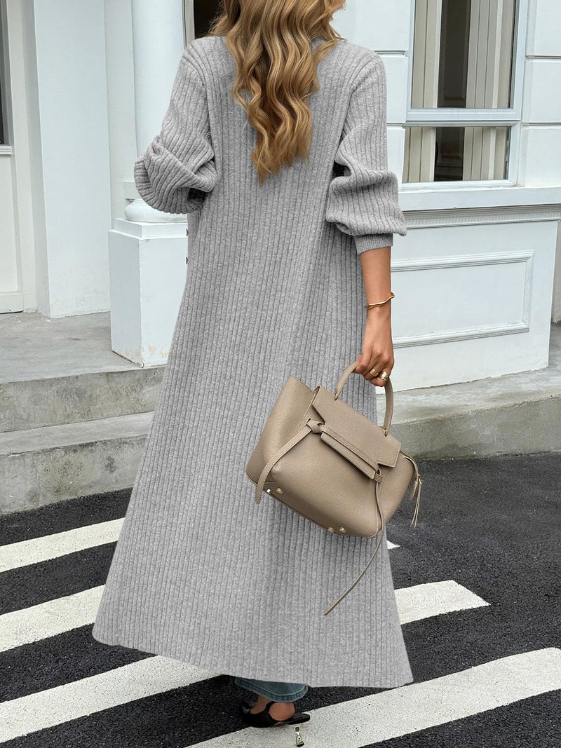 Saodimallsu Womens Long Cardigans V Neck Button Down Chunky Knit Dusters Sweater Coat Fall Trendy Maxi Sweater Dress Light Gray - Image 4