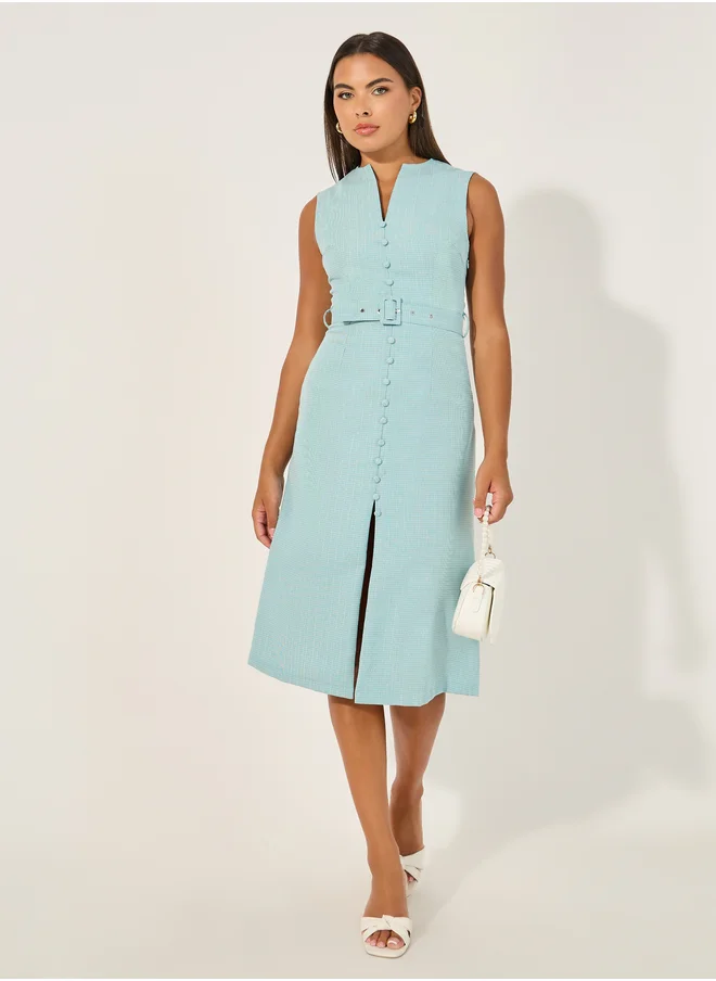 Styli Solid Sleeveless A-Line Midi Dress with Belted Detail