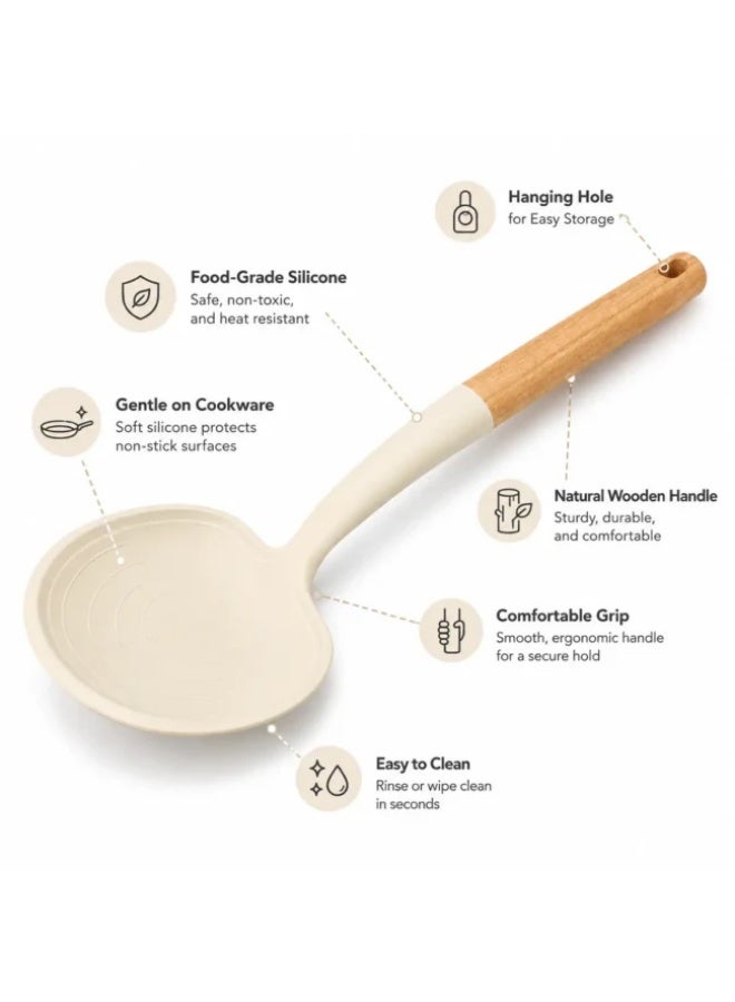 Silicone Cooking Spoon with Wooden Handle, Food-Grade BPA-Free Silicone Serving Spoon, Heat Resistant Non-Stick Kitchen Spoon, Wooden Handle Utensil 34.5cm - Image 2