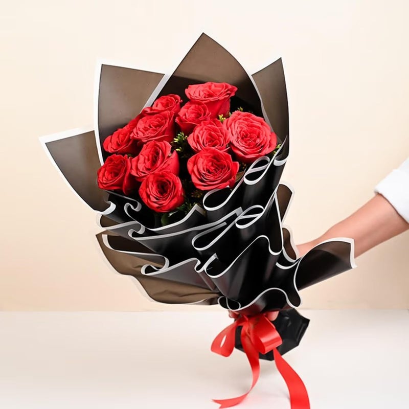Floweraura FlowerAura Fresh Live Flower Bouquet of 12 Red Roses In Black Packing For Birthday Gift Anniversary Gift Wedding Gift Congratulations Gift Gift For Special Occasions Same Day Delivery  - Image 1