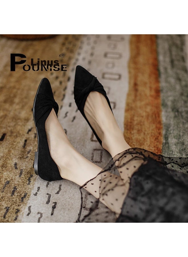 Pounise Women's Flats, Korean Style, Large Size Boat Shoes, Flat Soft Soles, Pqm-02, Black, 38/240 - Image 4