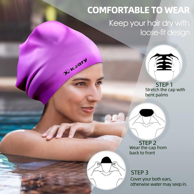 Keary Extra Large Swim Cap for Braids and Dreadlocks Extensions Weaves Long Hair, Waterproof Silicone Cover Ear Bath Pool Shower Swimming Cap for Adult Youth to Keep Hair Dry, Easy to Put On and Off - Image 5