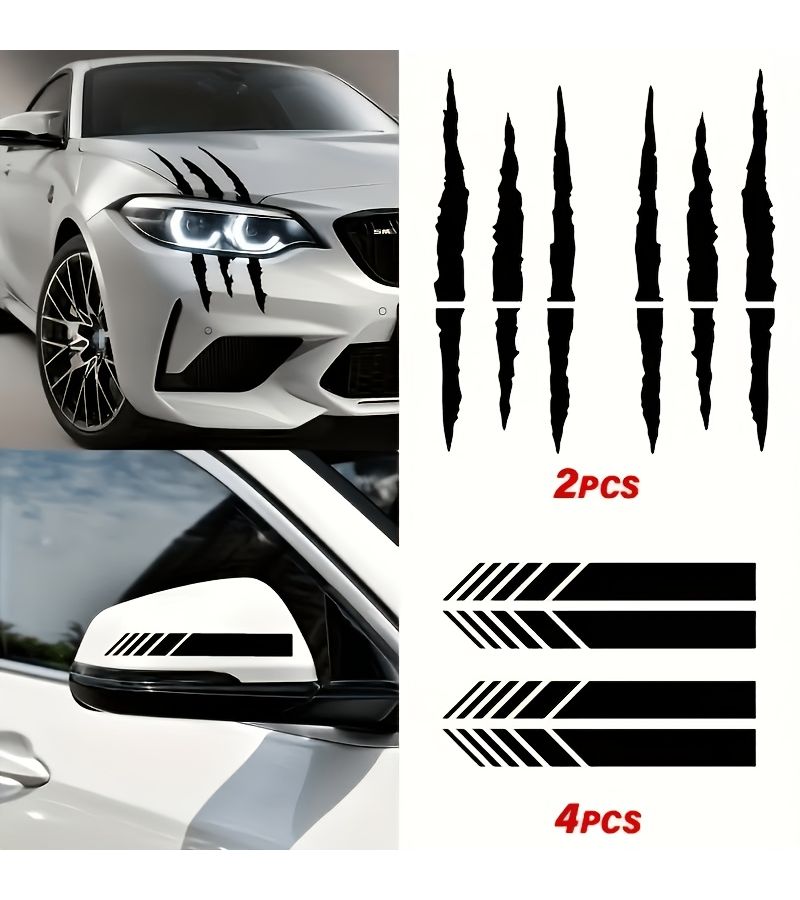White Universal Scratch Stripe Claw Marks Decals Set Of 6 For Car Rearview Mirror - Image 1