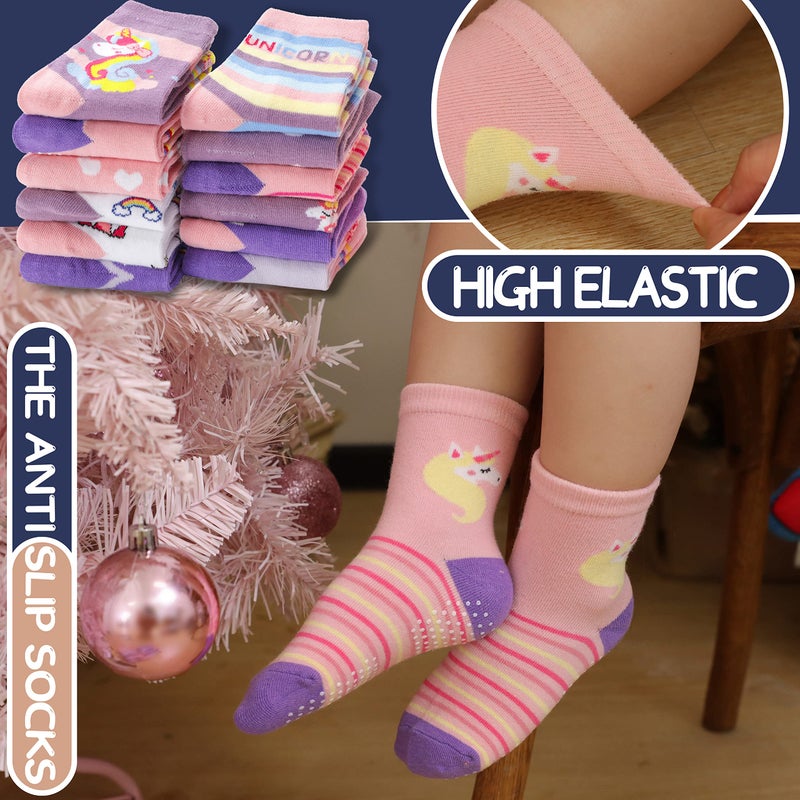 ANTSANG Baby Girls Toddlers Grips Socks Kids Non Slip/Anti Skid Unicorn Striped Crew Cotton Gift Socks 12 Pairs (Girl's-Unicorn Purple(12 Pairs),3-5 Y) - Image 2