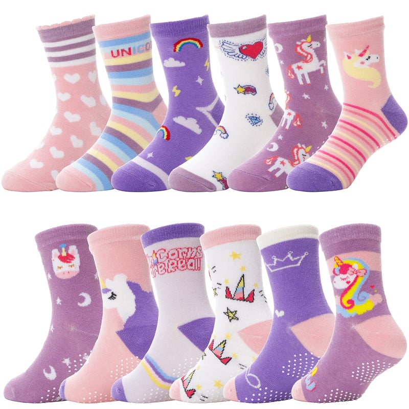 ANTSANG Baby Girls Toddlers Grips Socks Kids Non Slip/Anti Skid Unicorn Striped Crew Cotton Gift Socks 12 Pairs (Girl's-Unicorn Purple(12 Pairs),3-5 Y) - Image 1