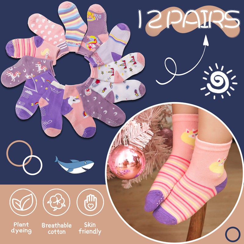 ANTSANG Baby Girls Toddlers Grips Socks Kids Non Slip/Anti Skid Unicorn Striped Crew Cotton Gift Socks 12 Pairs (Girl's-Unicorn Purple(12 Pairs),3-5 Y) - Image 5