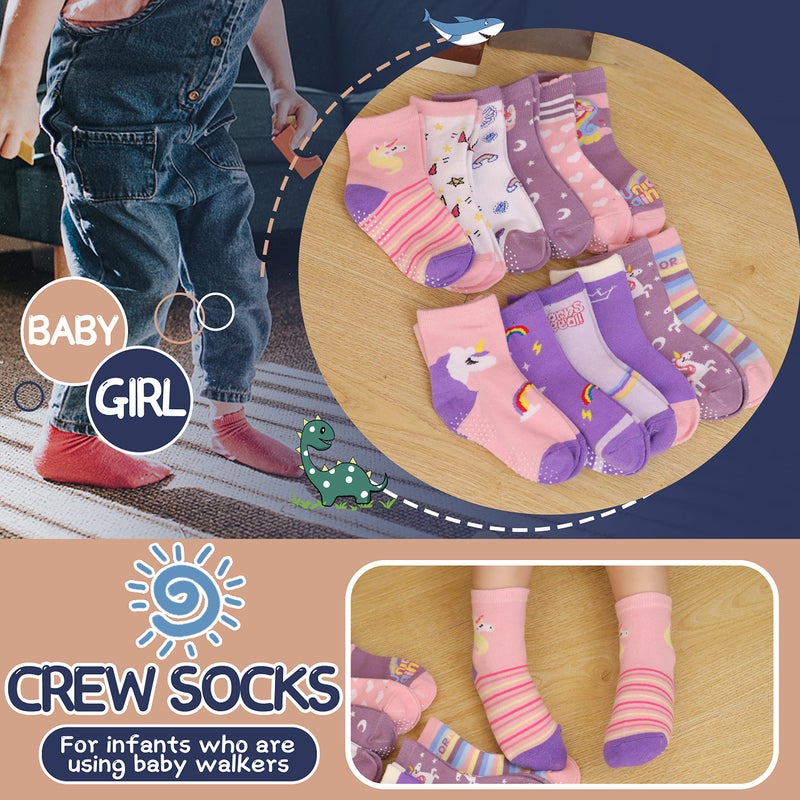 ANTSANG Baby Girls Toddlers Grips Socks Kids Non Slip/Anti Skid Unicorn Striped Crew Cotton Gift Socks 12 Pairs (Girl's-Unicorn Purple(12 Pairs),3-5 Y) - Image 4