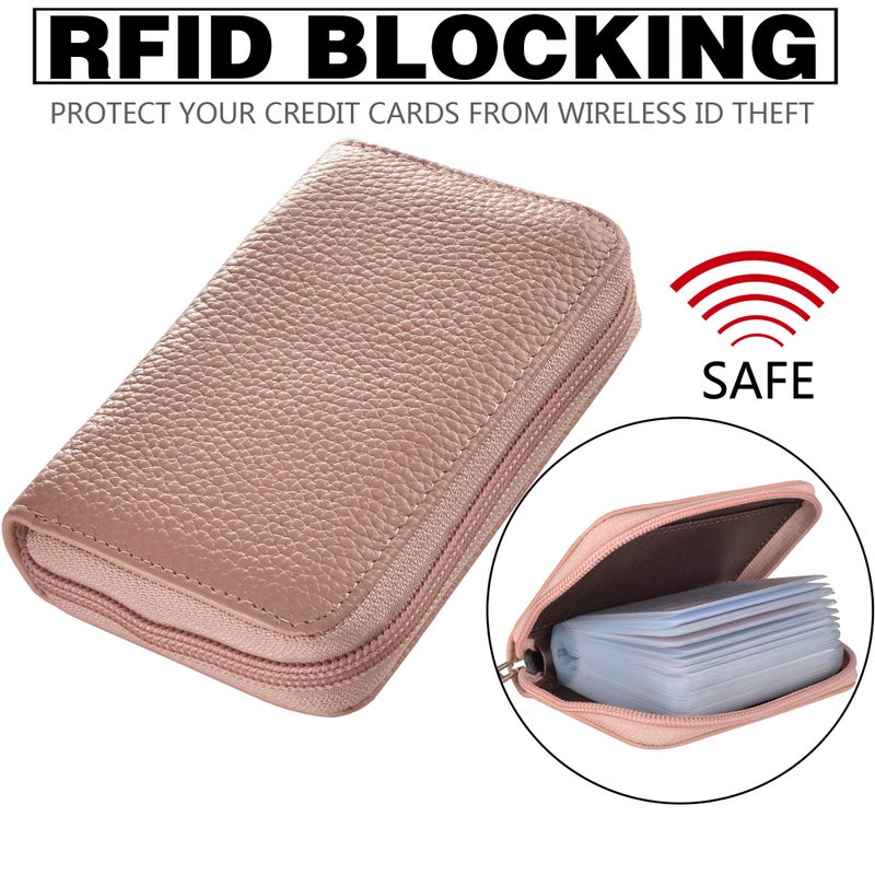 Easyoulife Genuine Leather Credit Card Holder Zipper Wallet With 26 Card Slots (Bean Pink) - Image 4